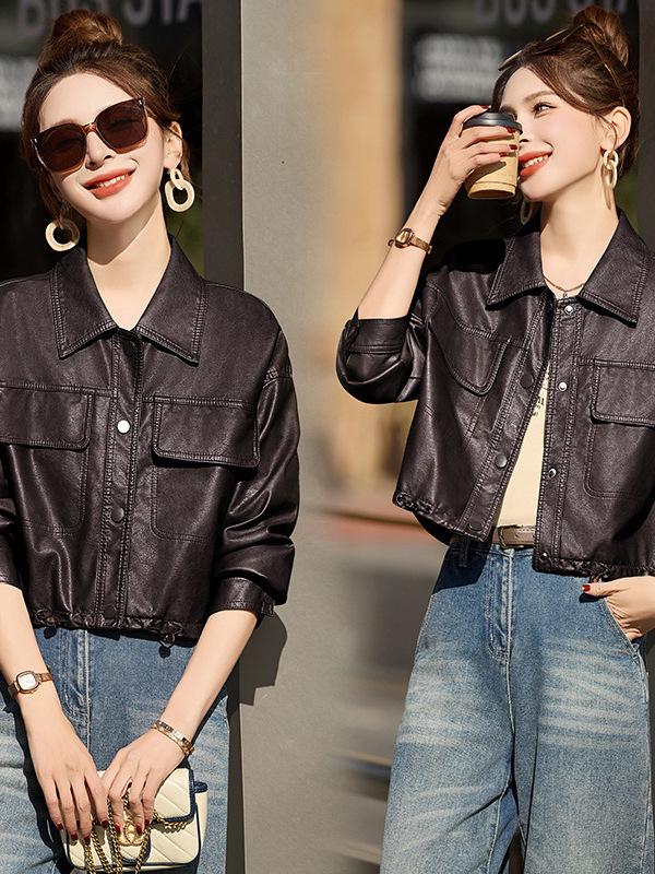 

Women s Petite Genuine Leather Motorcycle Jacket – Short, Casual Korean Style for Spring/Autumn 2025 Large