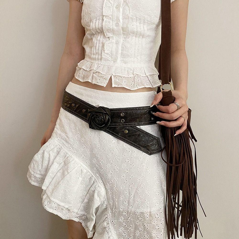 

Jeans Decor Flower Belt Y2k Pu Waistband Elegant Rose Belt Daily темно-коричневого