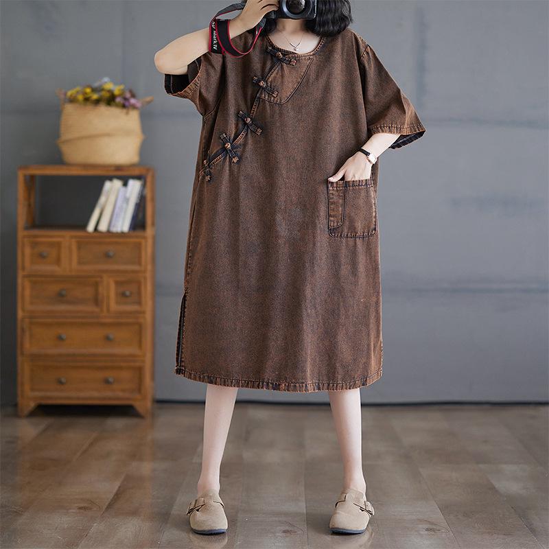 

Elegant Retro Denim Buckle Robe - Casual, Loose, Unique Plus Size Design L Plus верблюд