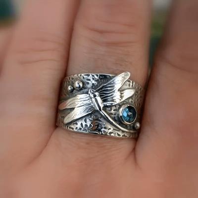Exquisite Dragonfly Retro Wide Ring, Natural Stone Inlay, Tungsten Steel, Bohemian Style, Dainty Party Accessory for Daily Use, with Blue Gemstone