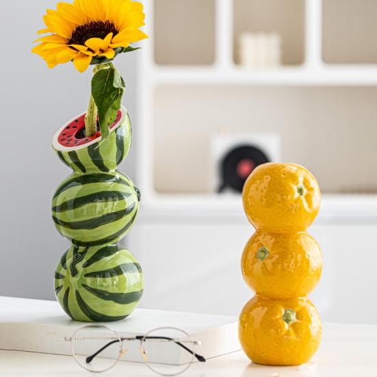 Watermelon Vase Orange Lemon Ceramic Flower Vase Stacked Fruits Design Tall Vase for Home Farmhouse Decoration Wedding Centerpieces