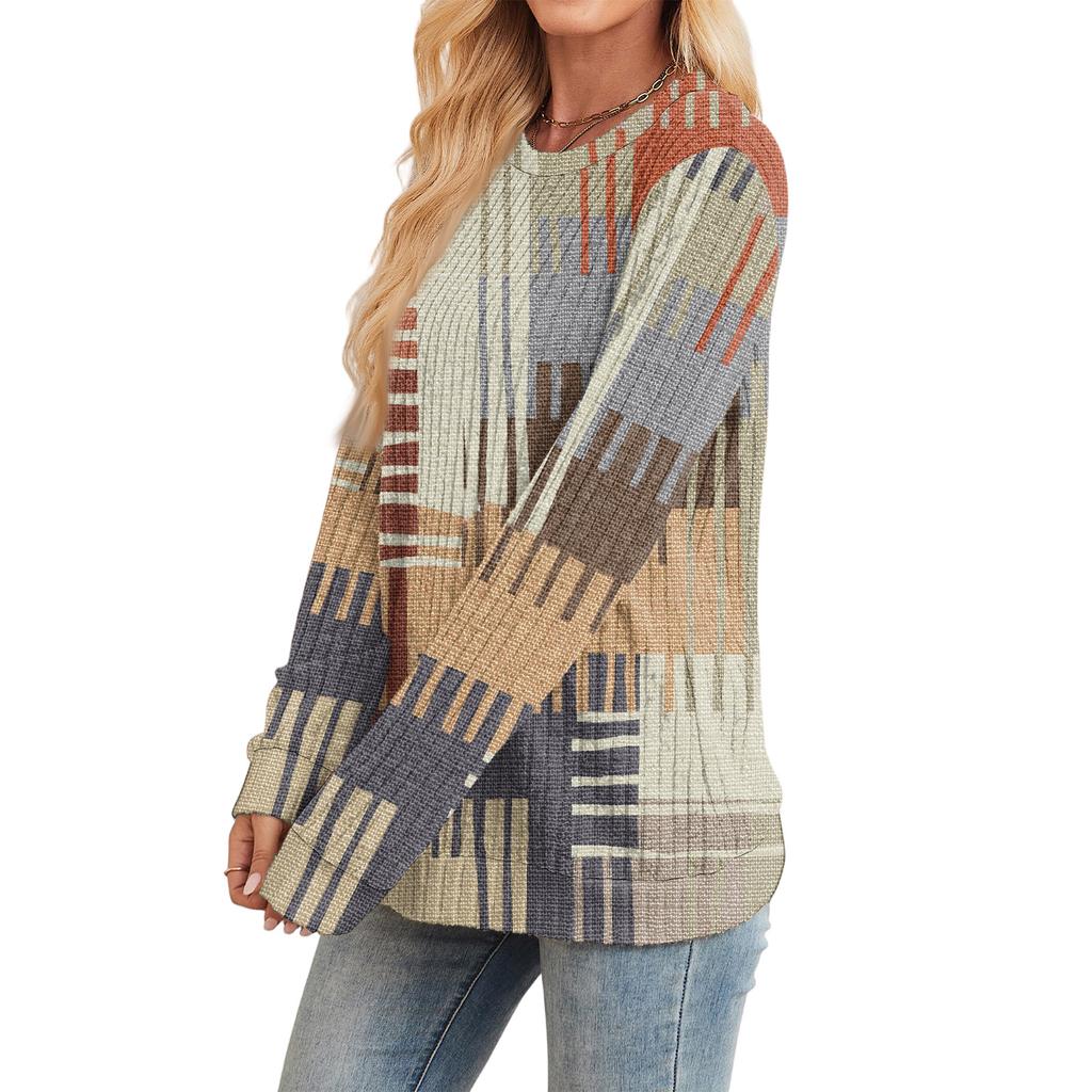 Fashionable Women's Long Sleeved Checkered Striped Printed Lightweight Sweater With Loose Round Neck Top