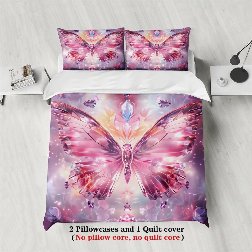 Butterfly Print Bedding Set Pink Purple Crystal Butterfly Design Bedding Set With Duvet Cover & Pillowcases For Bedroom Decor
