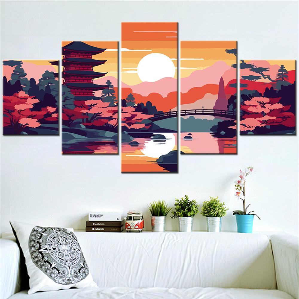 5 Piece Modular HD Printed Canvas Poster Set Abstract Cartoon Cherry Blossom Wall Art Painting for Home Decor Interior