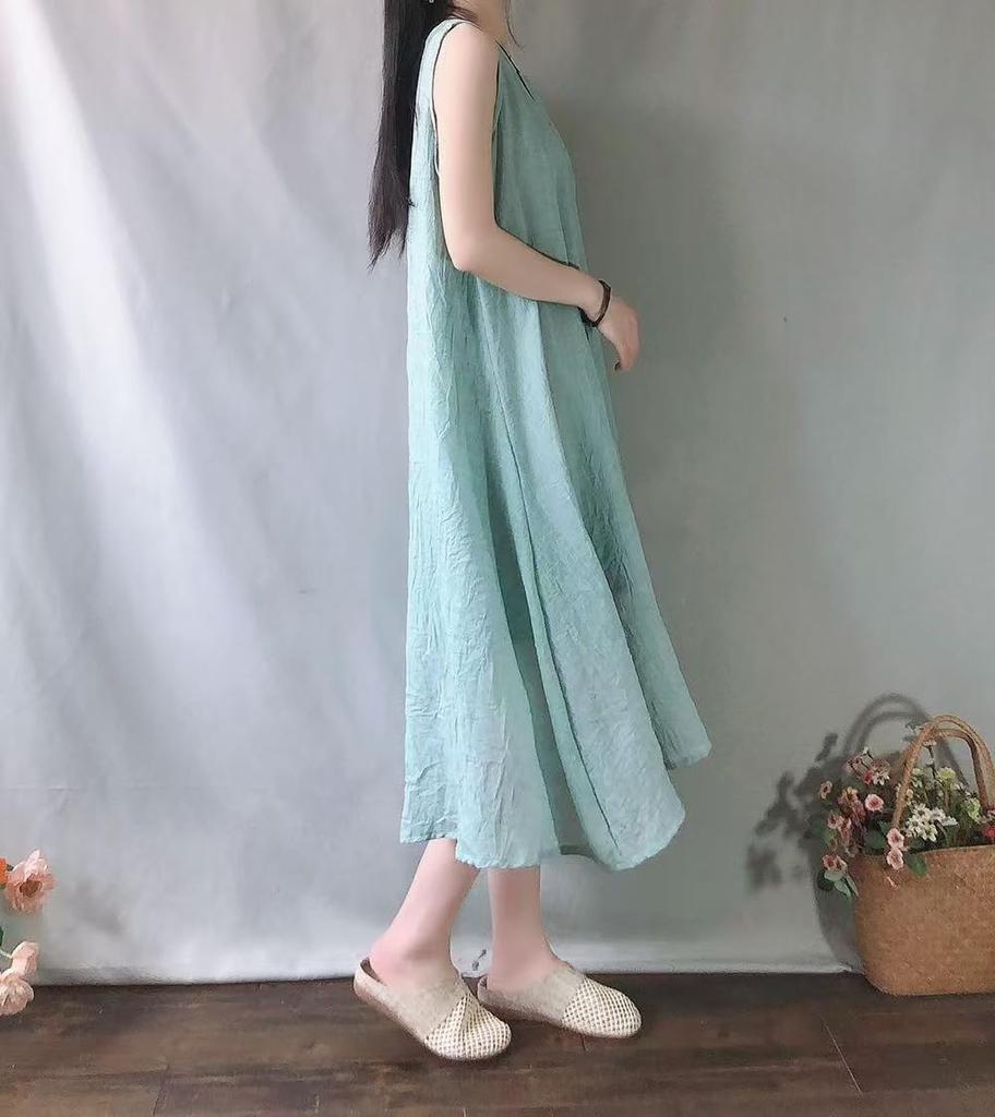 Summer Maxi Solid Plus with Crew Super Resort Dark [SDSXZWG] Women's Dress, Cotton-Linen, Sleeveless, A-Line, Flattering, Size, Neck, Lightweight,