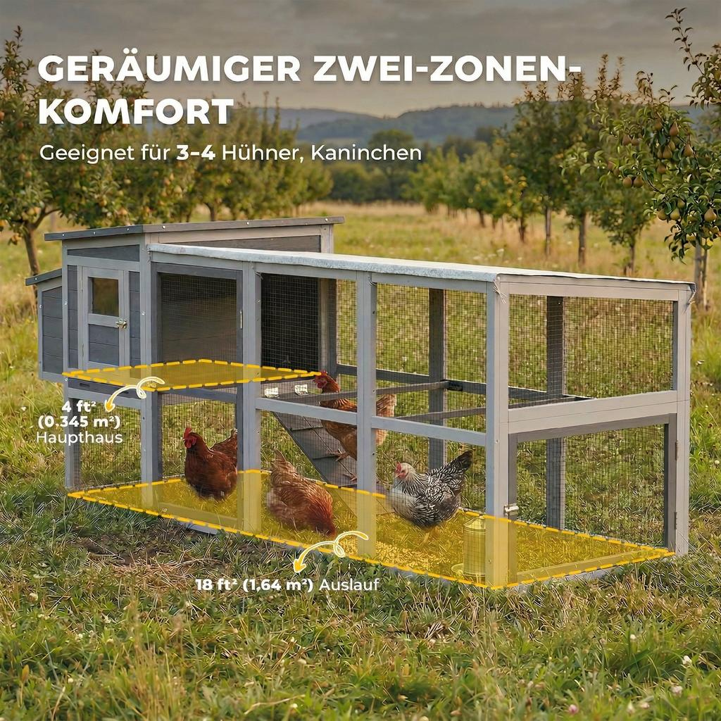 Chicken coop/chicken house for 3-4 chickens with run, nesting box, asphalt roof, Oxford covering, pull-out drawer, 264x82x89cm, grey