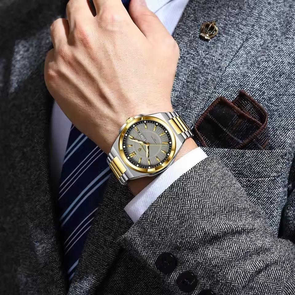 POEDAGAR 896 Stainless Steel Strap Fashion Gold Dial Diver Watch Men Waterproof Date Quartz Clock Sport Luminous Watches Relogio