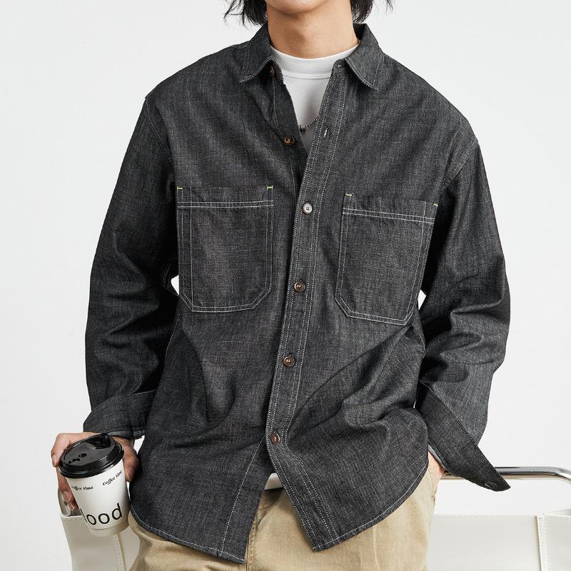 

Весна и осень Новая мужская ретро свободная джинсовая рубашка с длинным рукавом XL чёрный