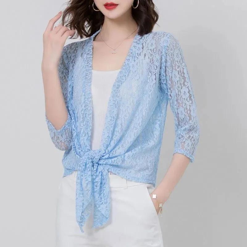 

Летний тонкий кардиган, женский короткий стиль с солнцезащитным кремом, шаль, кружевная шаль, повседневная однотонная рубашка 4XL синий
