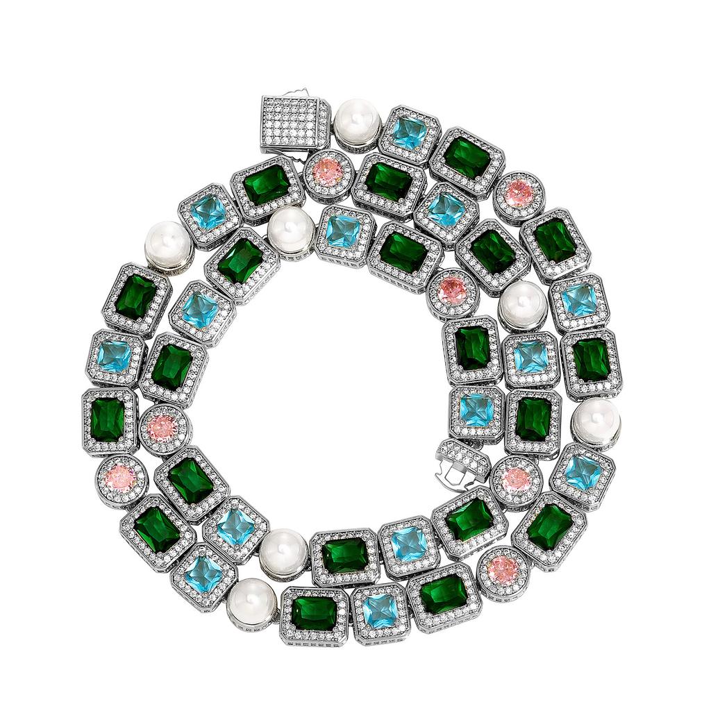 Stylish Colorful Square Rock Sugar Chain 10Mm Full Of Sparkling Zircon Pearl Bracelet Hip Hop Necklace