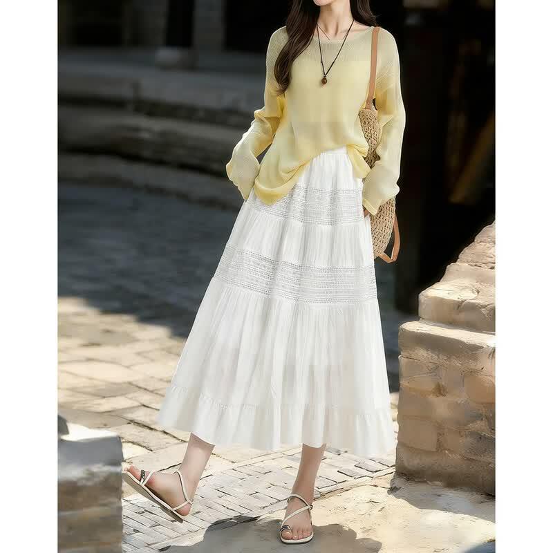 Elegant French Style A-Line Midi Skirt L