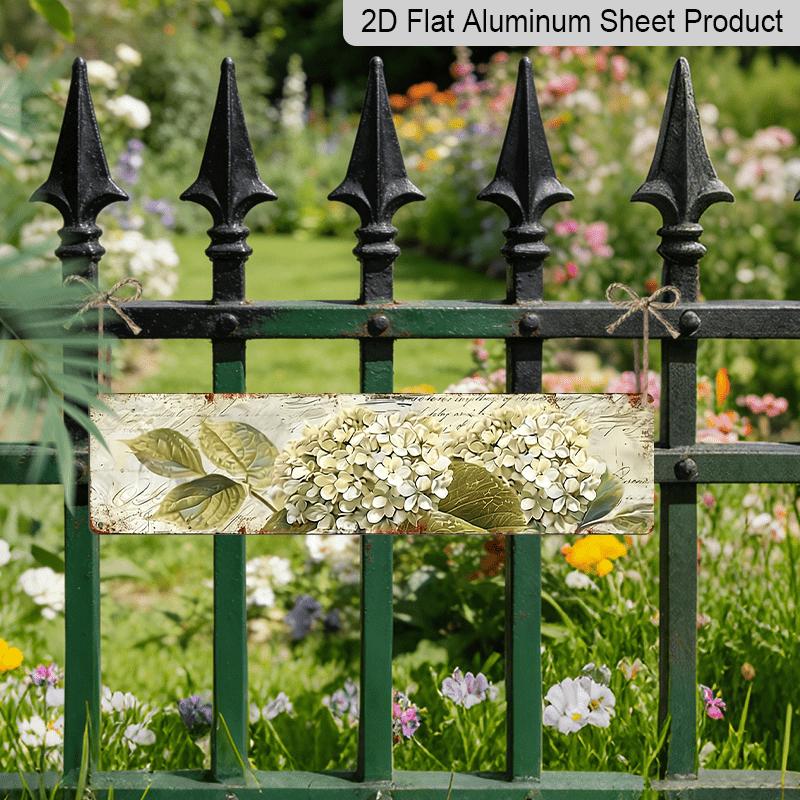 2D Flat, Vintage Hydrangea Metal Wall Art - 3.94 X 15.74inch, UV-Printed Alumium Decorative Sign with Realistic White Flowers and Green Leaves