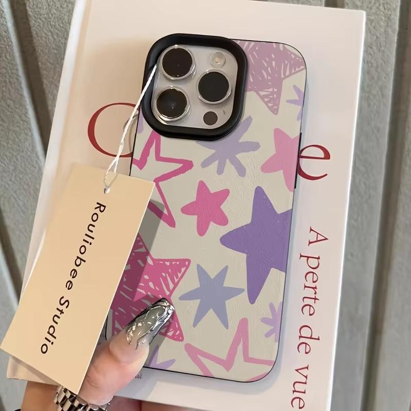 

Pink-Purple Star Pattern Phone Case For iPhone 17 Pro Max 16 Plus 15 Pro 14 13 12 11 XR 17Air Lychee Textur Soft Cover iPhone 16 Pro Max чёрный