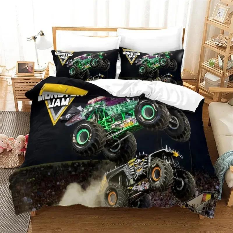 Cartoon Monster Truck Cool Vehicle Off Road Vehicle Bedding Set Boys Girls Twin Queen Size Duvet Cover Pillowcase Bed Kids Adult