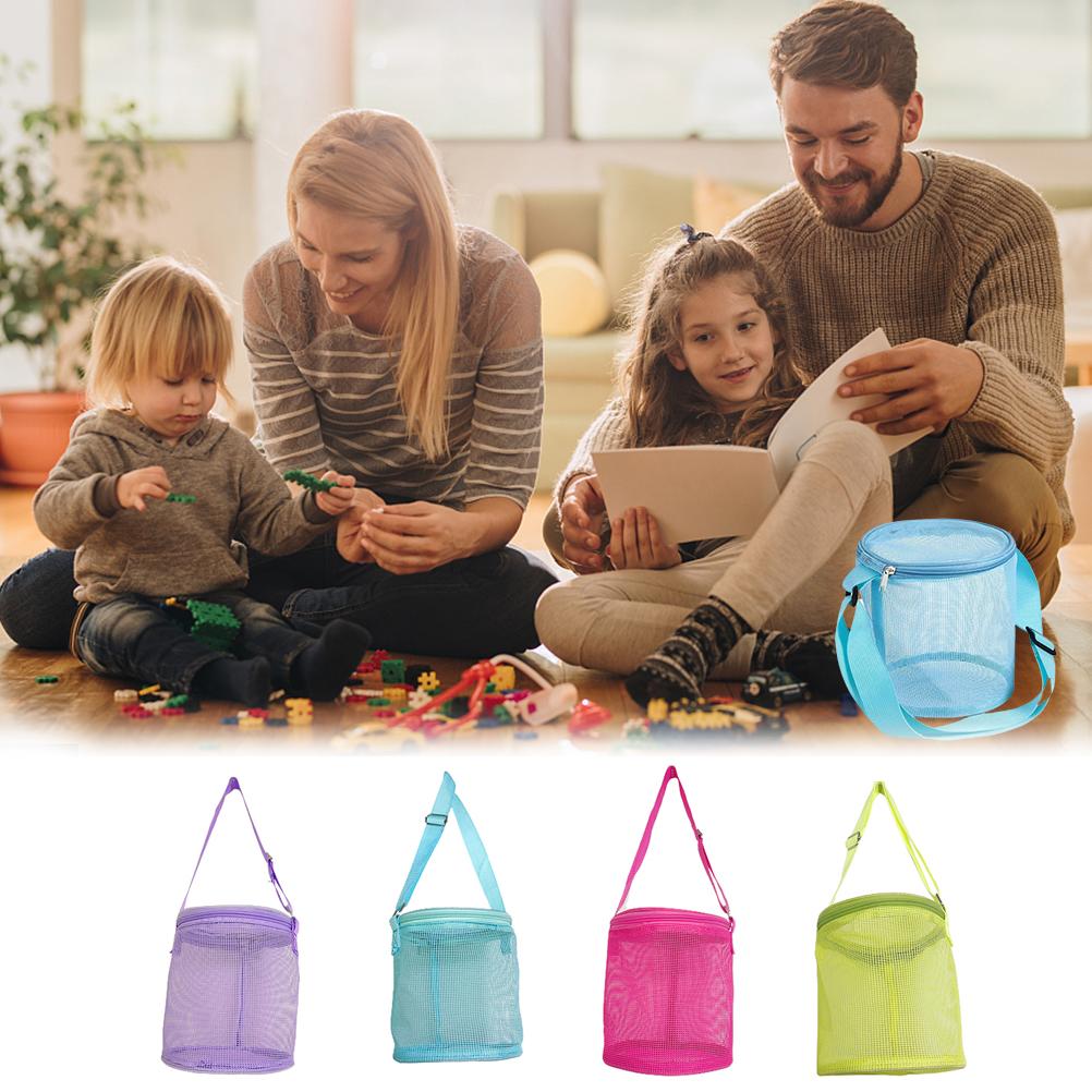 Bolsa de Malha para Crianças com Conchas Tote Cilindro Sacos para Coletar Conchas Bolsa de Brinquedos de Praia com Zíperes Alças de Transporte Ajustáveis