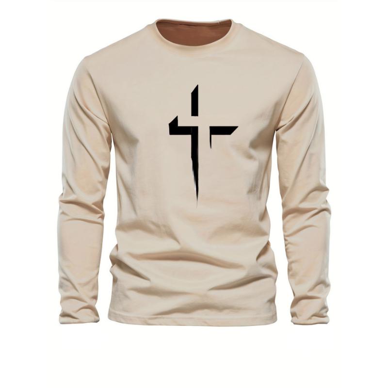 Pánské volné pohodlné ležérní sportovní tričko s dlouhým rukávem a kulatým výstřihem, nadměrné velikosti a s křížovým potiskem