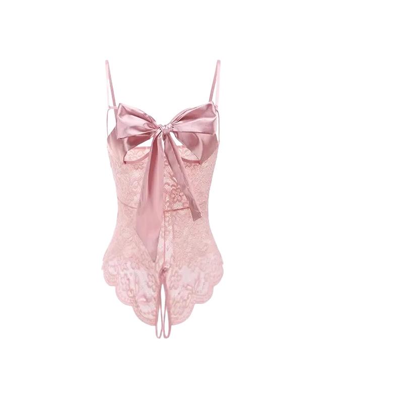 Lace Open Crotch Bodysuit with Bondage Straps - Women's Passionate Bedtime Wear 7042