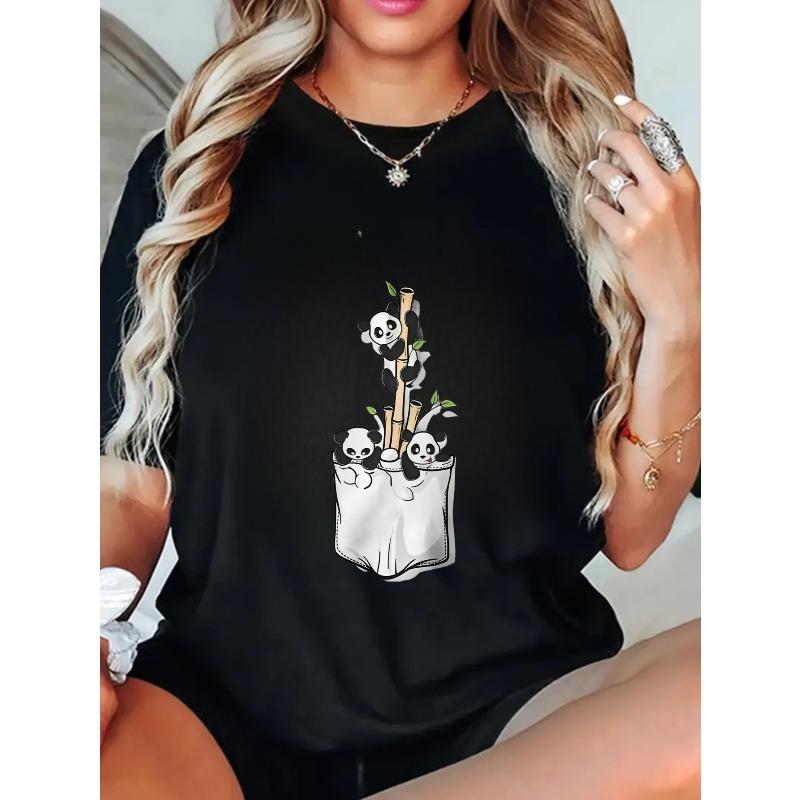 T-shirt Oversize Noir Imprimé Panda dans la Poche Vêtement d'Été Décontracté