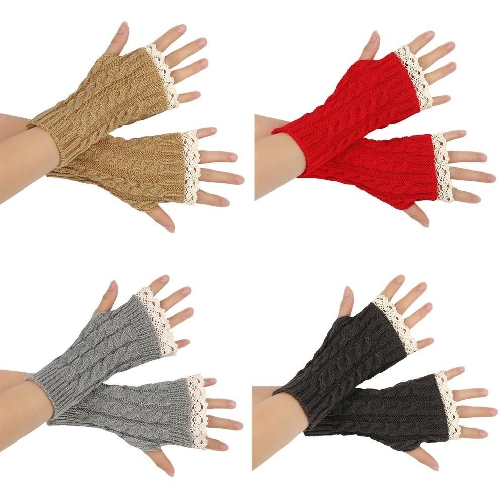 Long Fingerless Mittens Lace Trim Women Knitted Gloves Fashion Wrist Mittens Women Use