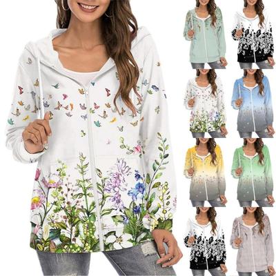 Casual Dames Hoodie met Bloemenprint Lange Mouw Volledige Rits Losse Jas met Zakken