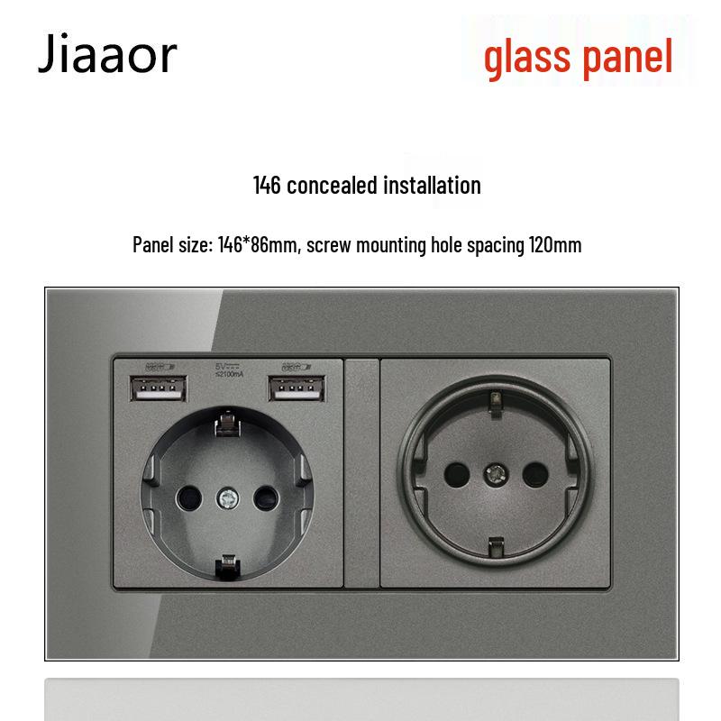 Type 146 Dual USB 16A Two-Gang European Power Socket Panel with German Standard Switch (Concealed)