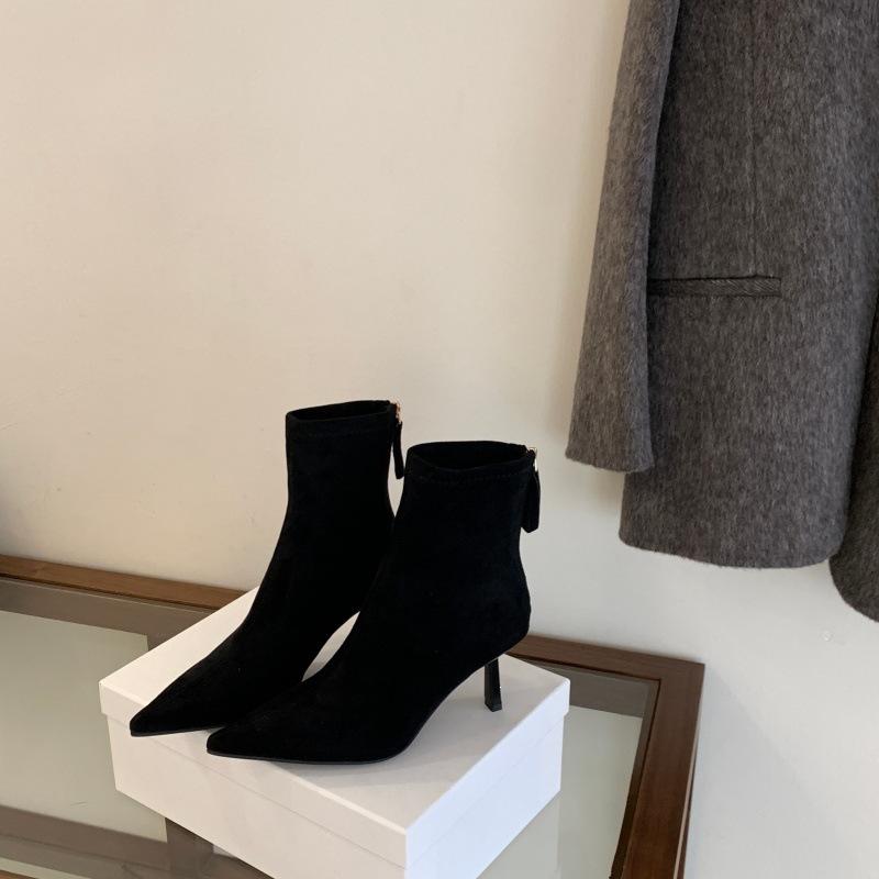 Shaved single boots pointed toe stiletto Martin boots sexy versatile stable rear zipper thin boots temperament commute