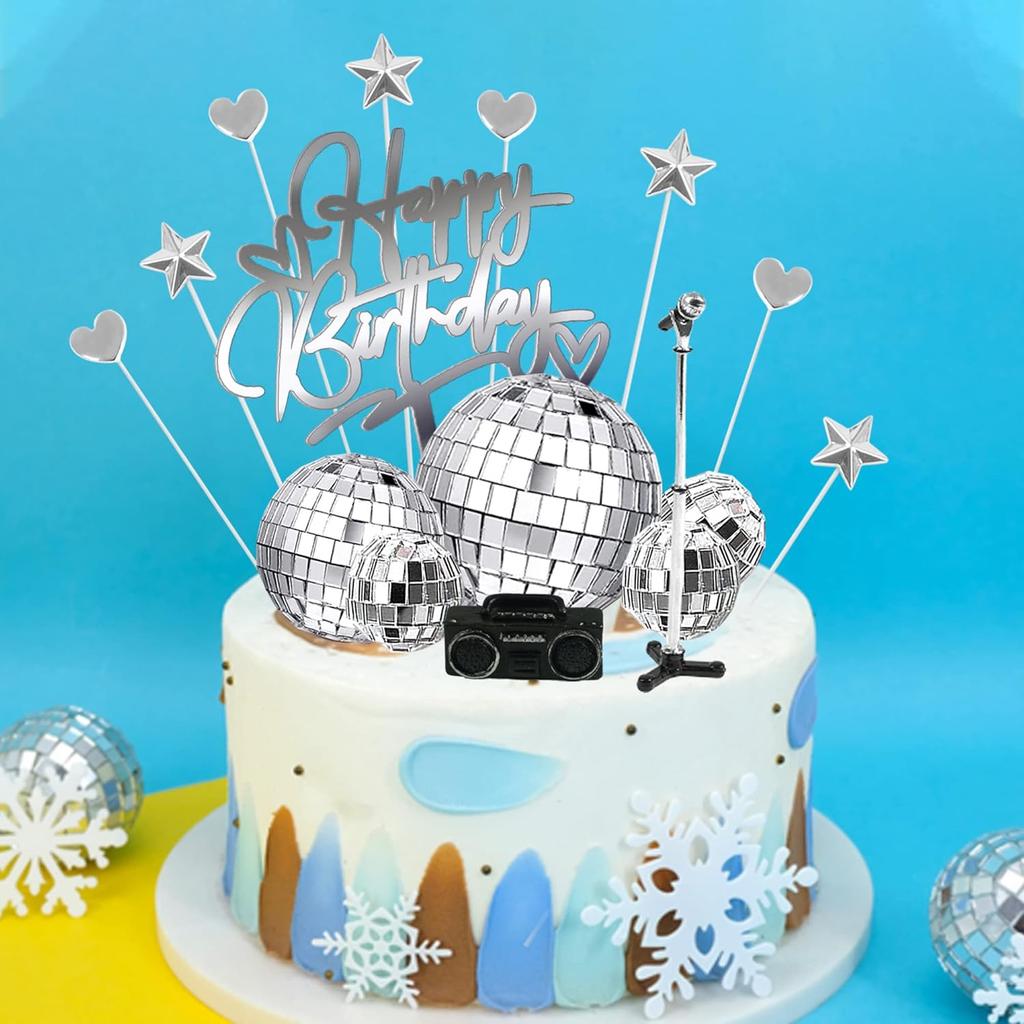 23PCS Disco Ball Cake Toppers with DJ Bling Silver Mirror Balls and Mini Microphone Radio Decor for 70s Dance Party Supplies