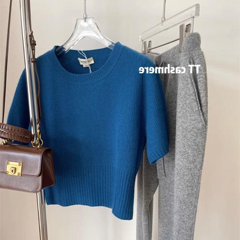 Women's High-End Soft Gray Knitwear: Bubble Sleeve Fitted Round Neck Short Sleeve Sweater for Autumn/Spring