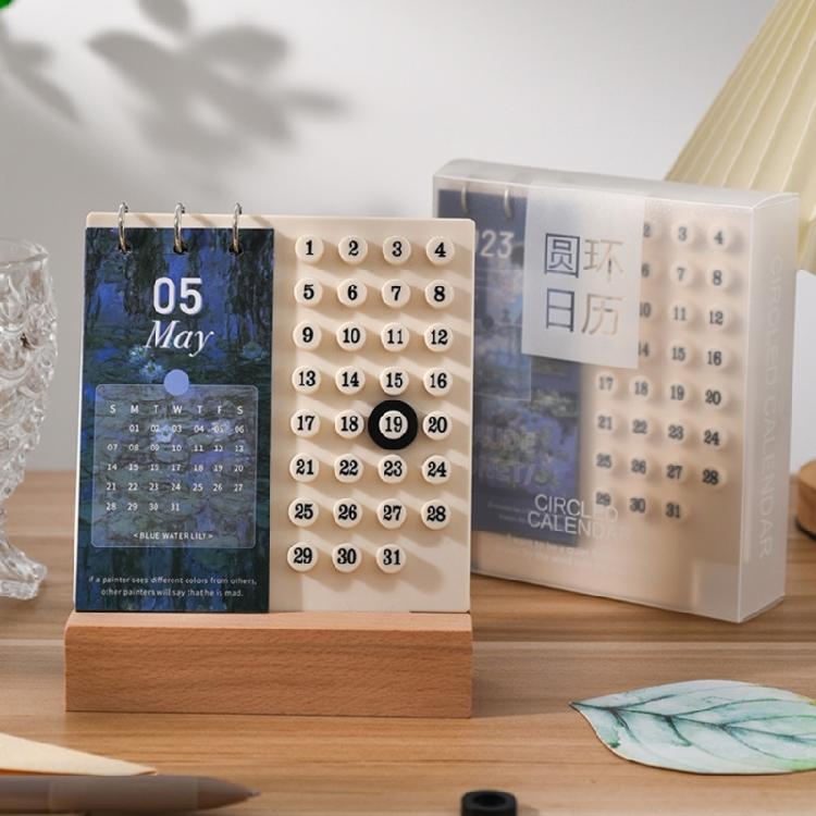 Desktop Permanent Calendar with Wood Stand ABS Permanent Countdown Calendar with 3 Rings for Office Desk Date Reminder