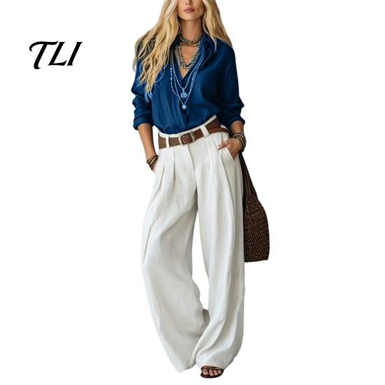 Casual Matching Sets Women Two Piece Set for Fall, V Neck Collared Shirt & Wide Leg Pants, Loose Fit Trousers Autumn Outfits Suit
