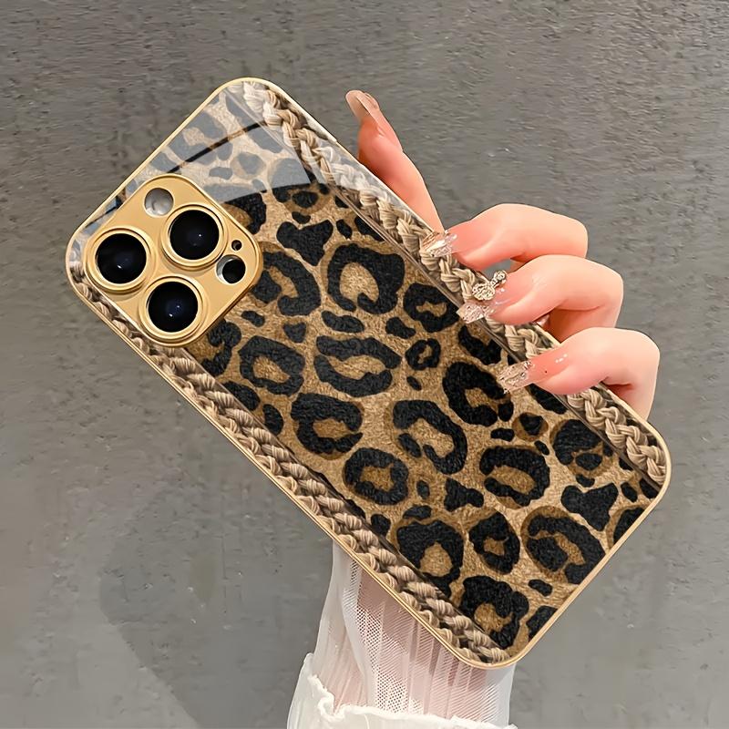 Fashion Vintage Leopard Print Woven Border Printed Pattern Metallic Paint Glass Phone Case for iPhone 17 16 15 14 13 etc