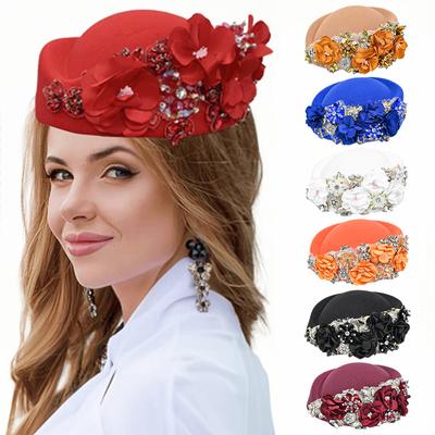 Women's Retro British Style Handmade Flowers Diamond Wool Beret Autumn and Winter Style Flight Attendant