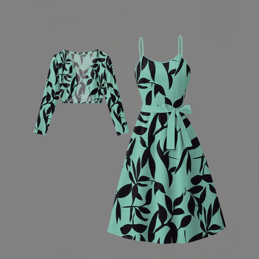 Women's  Fashionable And Casual Long-sleeved Short Cardigan Top + Belt + Strappy Dress Set