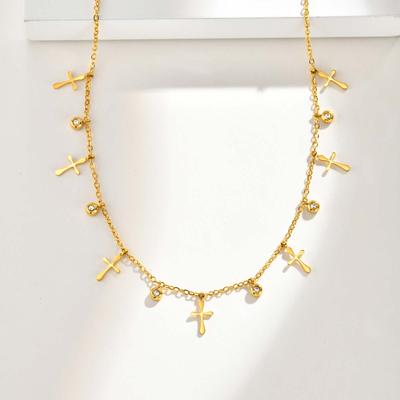 Modisches Kreuz Zirkonia Halskette für Damen, Goldfarbene Flache Rolo Kette Edelstahl Halsketten, Täglicher Wasserdichter Schmuck Geschenk