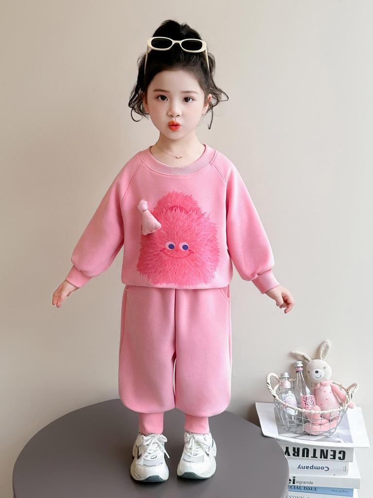 Girls' Little Monster Print Sweatshirt & Sweatpants Set - Spring/Autumn Casual Two-Piece Outfit