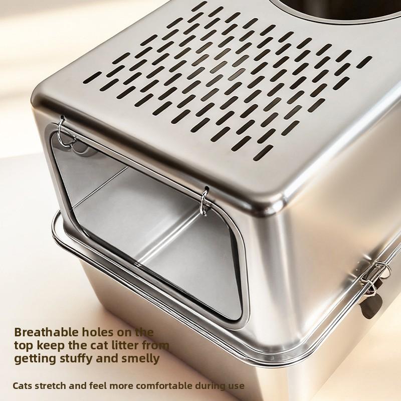 Stainless Steel Cat Litter Box Fully Enclosed Anti-Splash Cats Toilet Metal Kitty Washroom Rustproof High Sided Cat Bedpans