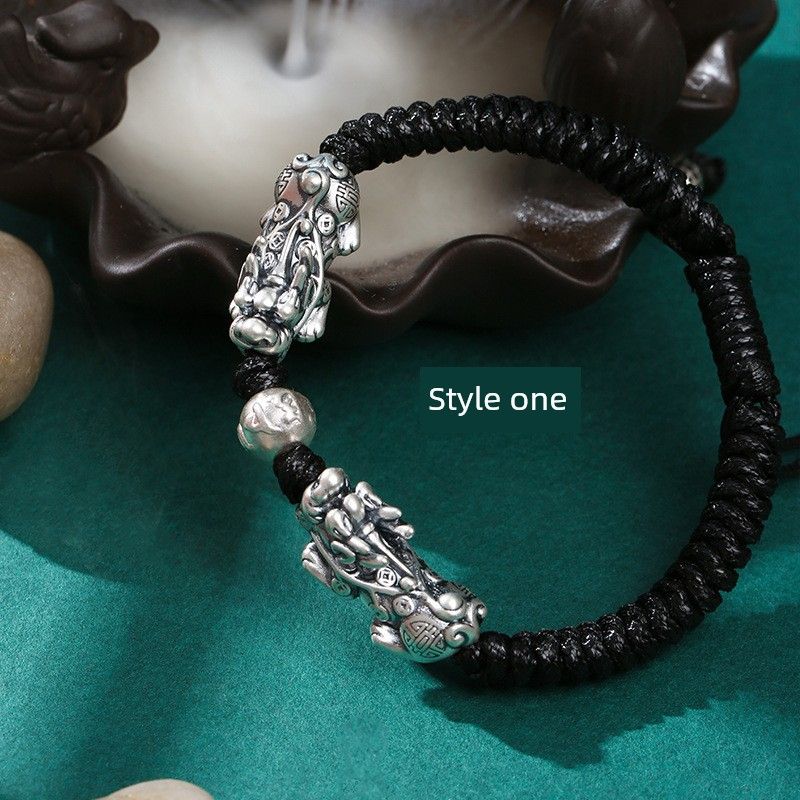 

Двойной браслет Пиксю из стерлингового серебра, плетеный мужской ремешок, стильный и персонализированный, новый приход 2025, тренд, кусающий деньги Double bracelet Silver