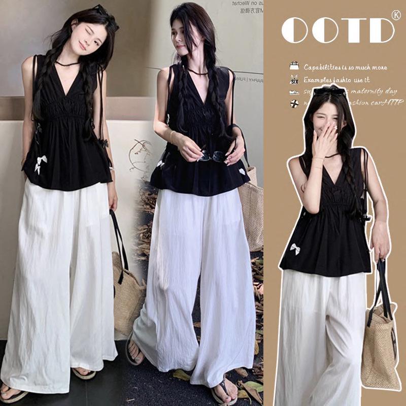 Korean Style Summer 2026 Maternity Set: Bow Tie Lace-up Top + Wide Leg Pants XL