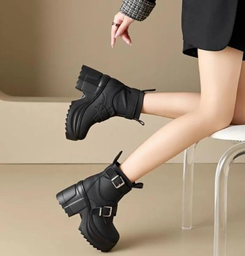 Fashion 10cm Synthetic Leather Motorcycle Boots for Women Winter Autumn High Thick Heels Platform Chunky Short Booties Shoes