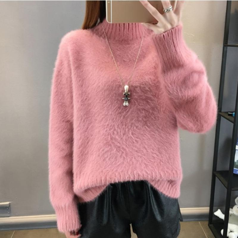 2024 Autumn Thick Velvet Warm Pullover Sweater Women Winter Clothing Fashion Loose Outerwear Half High Neck Knitted Sweaters Ladies Tops 25143