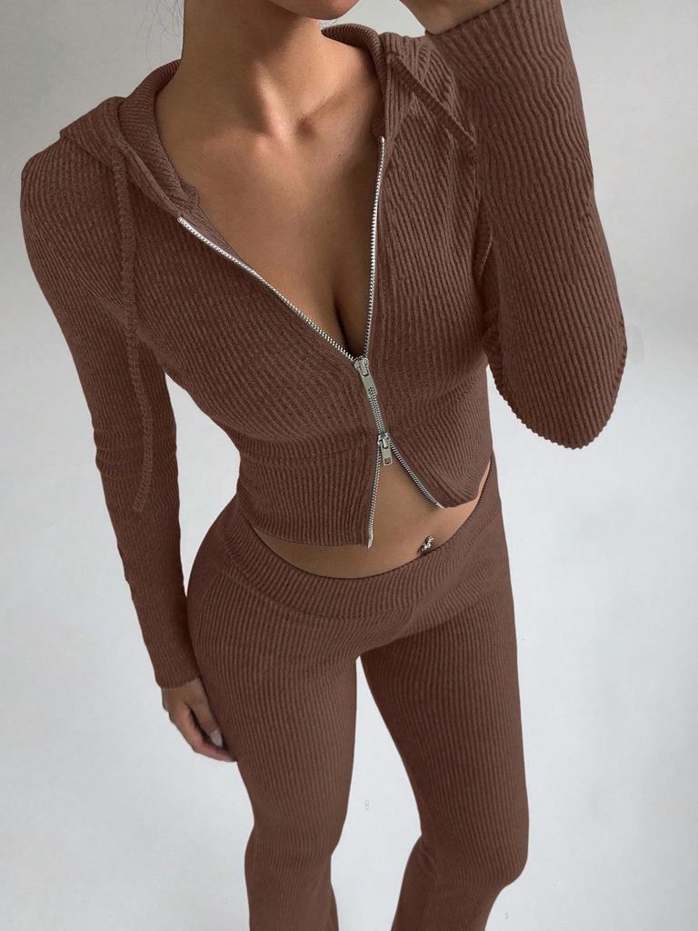 European and American Style Women's Hooded Zipper Sweatshirt and Sweatpants Set - Autumn/Winter Collection