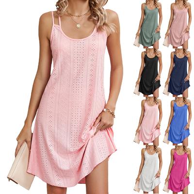 Vestido de Verão Europeu e Americano Novo Cor Sólida Gola Redonda Alça Solto Sem Mangas Em Estoque