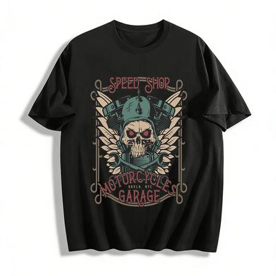 Vintage Skull Speed Shop Motorcycle Garage Graphic Tee For Men Pure Cotton T-shirt