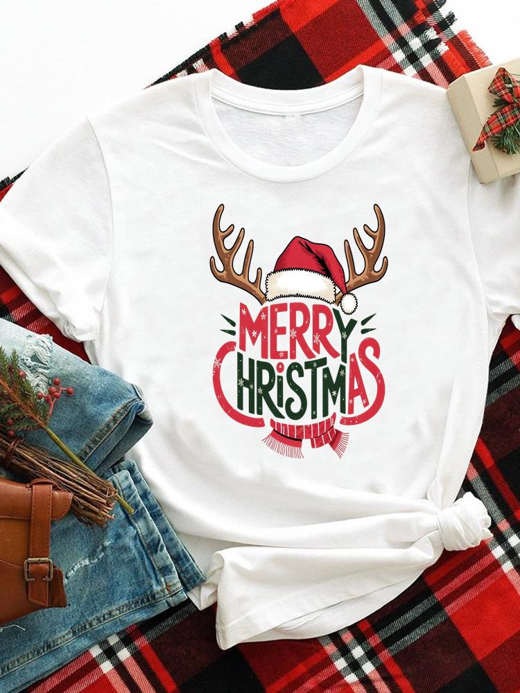 (Asian Size) merry Christmas new year o-neck Women's Top T Clothing Print bow style trend Short Sleeve T-shirts Fashion holiday Graphic Tee