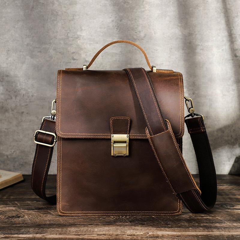 Men Crazy Horse Leather Crossbody Messenger Bag Lock Clasp Multi-Compartment Vertical кофейный