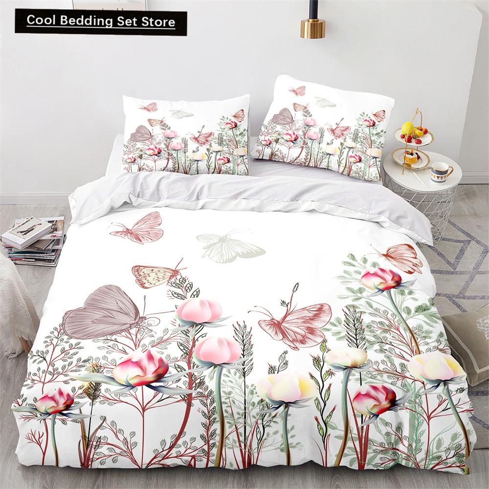 Butterfly Duvet Cover King Queen Colorful Flying Animal Bedding Set for Teens Adults Beautiful Flowers Polyester Quilt Cover
