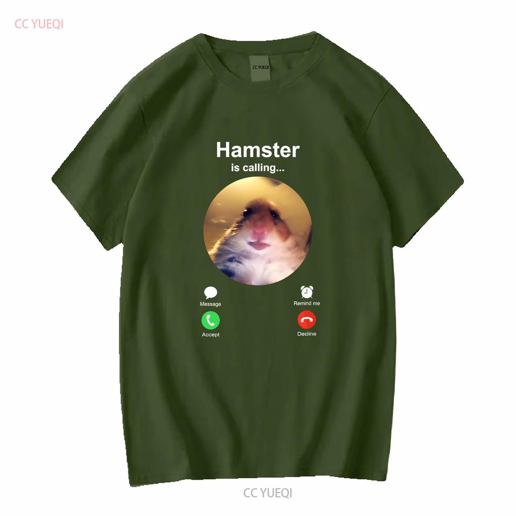 Hamster is Calling Funny Meme T Shirt Staring Front Camera long or short sleeves vintage Washed Casual Unisex designer clothes