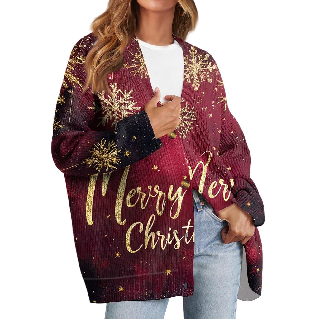 Women's Fashion Long Sleeve Christmas Print V-Neck Button Loose Cardigan Top