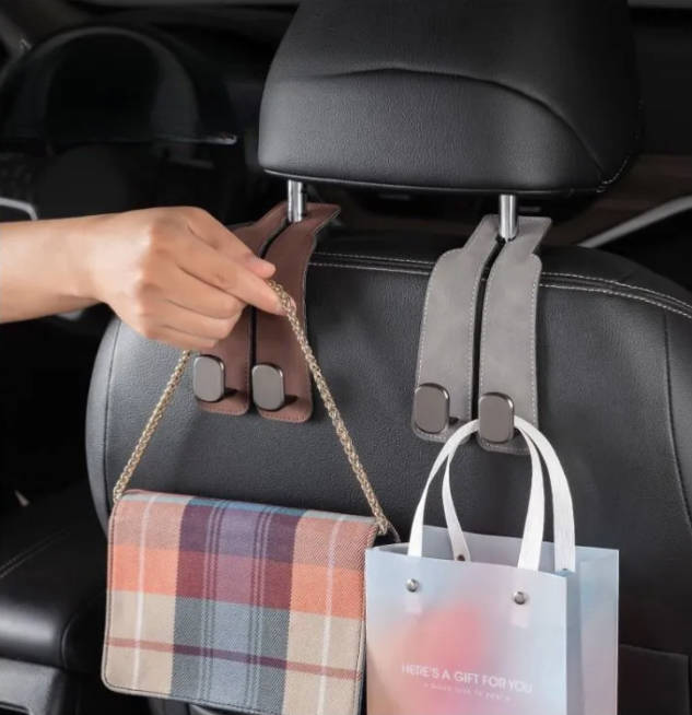 -hook Multi-functional Car Seat Rear-mounted Mobile Phone Holder With Detachable Storage Hooks, Interior Flip-up Leather Car Hanger.