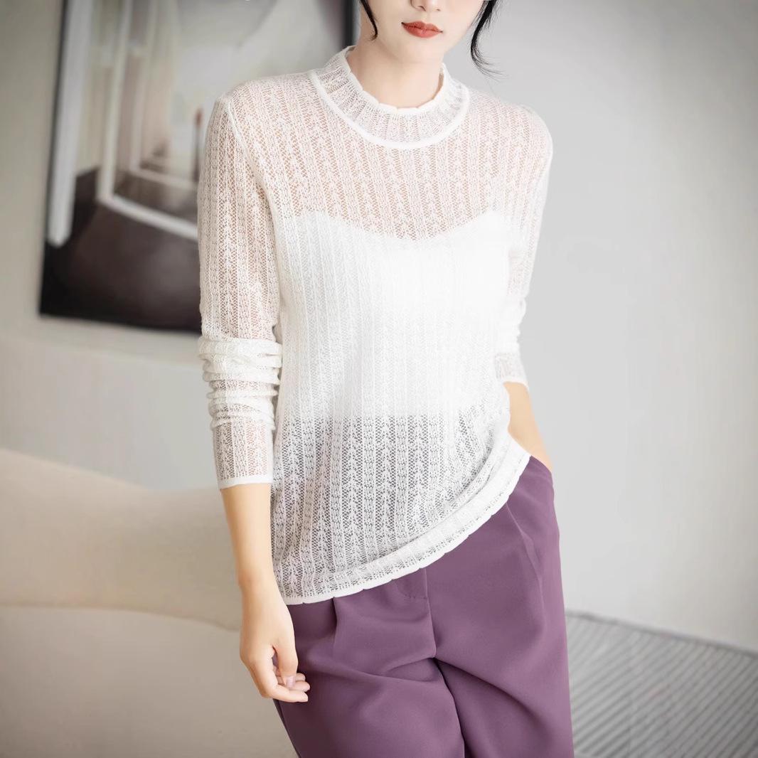 

Spring & Autumn Semi-High Neck Sweater with Lace Edging and Hollow-Out Design Large рожевий